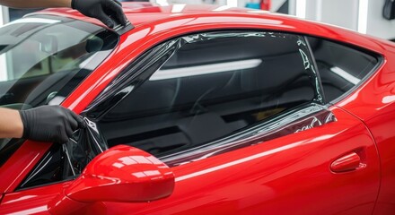 Fototapeta premium Professional Automotive Window Tinting Service For Red Sports Car Exterior Detail