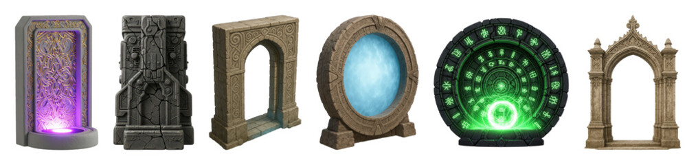 Obraz premium Fantasy portals and archways set including ornate, gothic, ruined, mystical, and sci-fi designs isolated. Game asset collection.