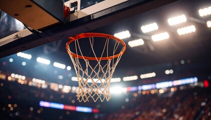 Basketball hoop in a stadium with bright lights.