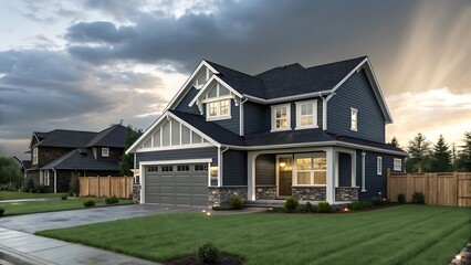 Beautifully Designed modern Two Story Home Exterior with blue Siding