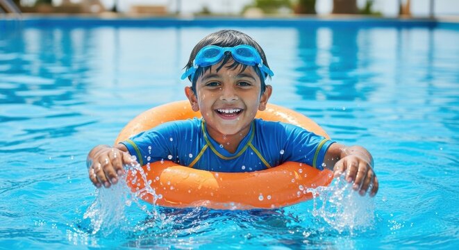 Happy Boy Enjoys Swimming With Orange Float In The Pool On A Sunny Day