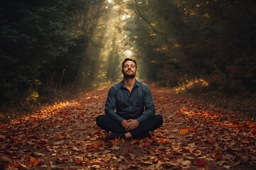 Man meditates cross-legged in golden forest surrounded by autumn sunlight tranquility