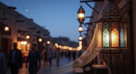 Fototapeta premium Moroccan street scene at dusk with illuminated lanterns and people walking
