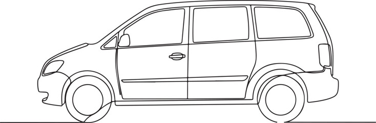 Black and white continuous line drawing of a family minivan car in a simple side profile view