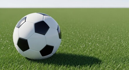 Fototapeta premium Realistic Soccer Ball Resting on Vibrant Green Grass Field Under Bright Sunny Day