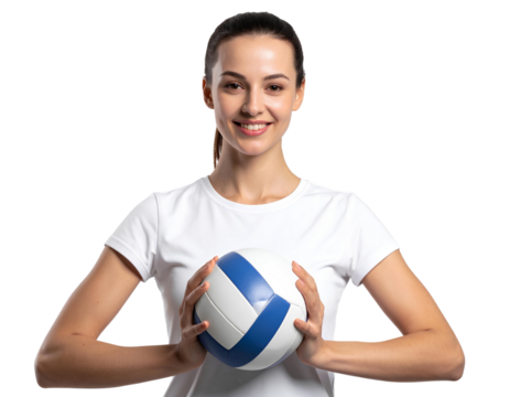 Young volleyball player wearing white shirt and smiling, isolated on a transparent background.