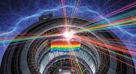 Futuristic particle collider generating a powerful burst of energy, illustrating a breakthrough in quantum physics research and discovery
