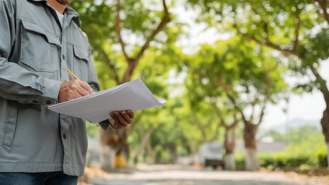 Urban Planner in Nature: An urban planner meticulously documents progress on a blueprint with a pencil. The image captures the blend of professionalism amidst lush nature.