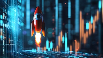 Red rocket launching upwards through futuristic city skyline with stock market charts