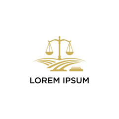 Gold stylized logo of scales of justice over a stylized field, representing legal principles and agricultural themes.
