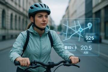 Cycling adventure urban city digital navigation display morning ambiance rider's perspective health and fitness concept