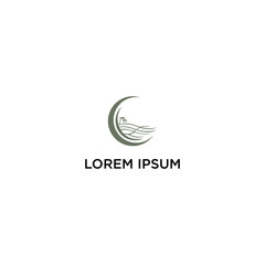 Abstract logo design featuring a crescent moon, stylized waves, and a small stylized house or tree, set against a white background.