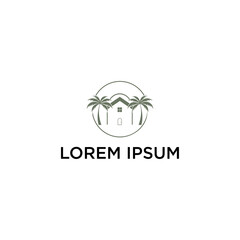 Tropical home logo design; minimalist house nestled between palm trees within a circular frame.