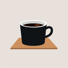 A clean, flat vector illustration of a black coffee mug with a white interior, sitting on a wooden coaster.