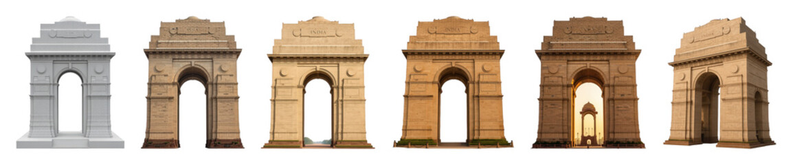 Obraz premium India Gate set including 3D render, multiple textured front views, sunset lighting, and an angled perspective isolated. Indian architectural landmark collection.