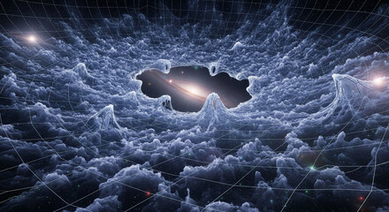 Conceptual view of a galaxy seen through a tear in the fabric of spacetime, a celestial portal in the cosmic clouds