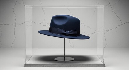 Classic Blue Fedora Hat on a Black Stand in a Glass Case