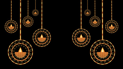 Animated diya oil lamps for diwali holiday, traditional festival and events decoration elements on black background.