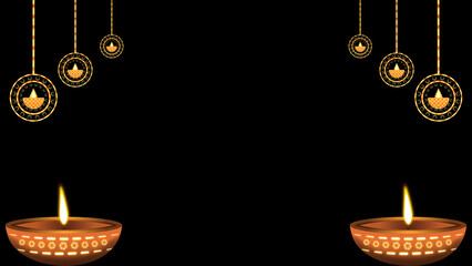 Animated clay lamp and hanging decorative elements on black background for diwali holiday decoration.