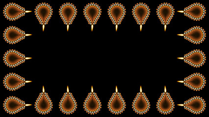 Animated Diwali clay lamps in frame on black background. Concept for indian traditional Diwali festival decoration.
