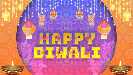 Happy diwali greetings animation. Beautiful decoration background of Diwali festival, colourful clay lamps, traditional pattern and decorative elements.