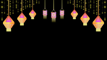 Beautiful decoration on black background with blinking light series and hanging decorative elements. Concept for traditional festival celebration.