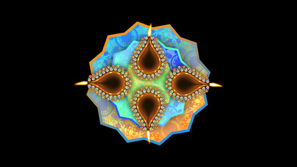 Beautiful four oil lamps on animated rangoli design on black background. Concept of Indian traditional festival celebration and decoration.