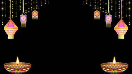 Diwali decoration concept on black screen with light series, colourful oil lamp and hanging festival decoration elements.