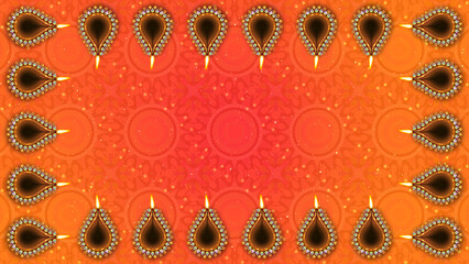 Clay diya lamps in frame with vibrant orenge gradient colour and animated traditional pattern for diwali holiday.