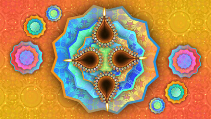 Beautiful traditional textured background for diwali holiday celebration with clay lamps, animated rangoli designs and vibrant colours.