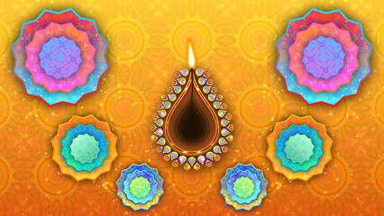 Diwali festival Animated Beautiful rangoli, animated oil lamp, and traditional design with orenge gradient colour background. Happy diwali holiday animation.