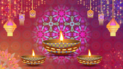 Diwali festival celebration animation on vibrant colours, colourful clay diya lamps, decoration and beautiful traditional pattern design. Beautiful diwali celebration background.