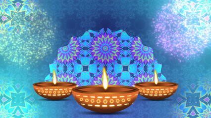 Diwali festival holiday animated traditional design with fireworks, diya oil lamps and blue gradient colours background.
