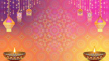 Diwali festival Indian traditional background. Decoration of light series, decorative elements, traditional pattern and oil lamp for diwali holiday.
