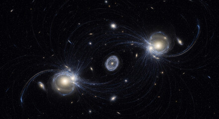 Obraz premium Abstract visualization of multiple galaxies and star systems interconnected by gravitational fields or dark matter filaments in deep space