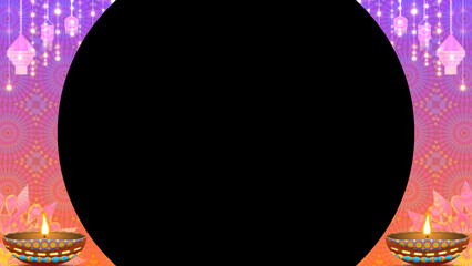 Diwali holiday frame decoration concept with oil lamps, light series, animated traditional pattern and hanging elements on black background.