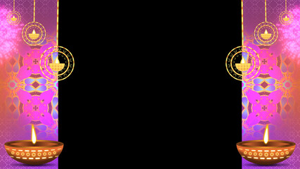 Diwali Holiday decoration concept with hanging elements, oil lamps and beautiful animated pattern on black background.