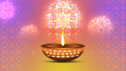 Oil lamp on golden gradient background, fireworks and animated traditional pattern for diwali holiday decoration, greetings and celebration.