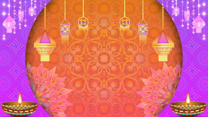 Diwali festival theme background with clay lamps, combination of orenge and purple gradient colours, traditional pattern and hanging decorative elements.