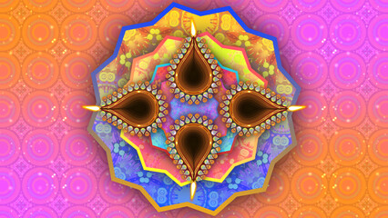 Four Diwali oil lamps on rangoli shapes and purple, orenge gradient background. Concept of Indian traditional festival celebration.