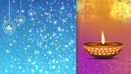 Diwali holiday festival decoration on Blue and purple gradient colours background with bright particles, oil lamp and animated pattern.