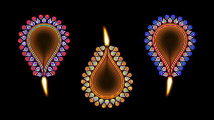 Three animated Diwali clay lamps on black background with different colours.