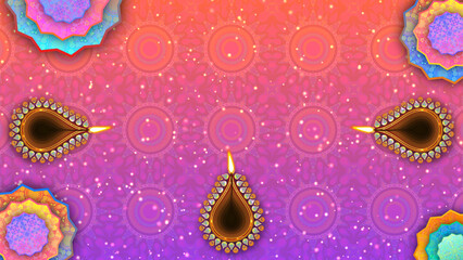 Oil lamps with copy space for diwali festival greetings and blessings. Clay lamps, traditional rangoli designs, and vibrant colours background for diwali celebration.