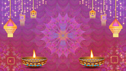 Diwali oli lamps illustration with beautiful decoration and traditional indian pattern. Copy space Concept for diwali greetings and blessings.