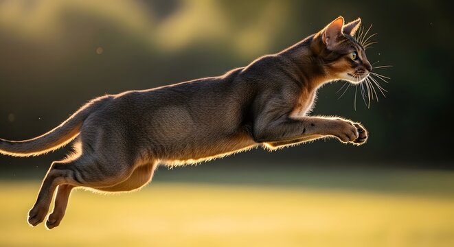 An elegant Abyssinian cat leaps gracefully through the air, backlit by the warm glow of the setting sun.
