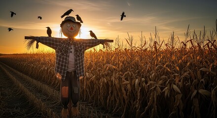 Friendly scarecrow stands guard in golden cornfield at sunset with birds flying overhead