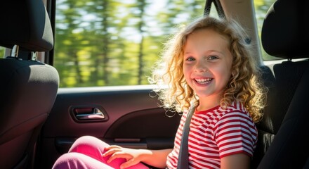 Smiling young girl with curly hair in the backseat of a car on a sunny day with trees blurred in the background