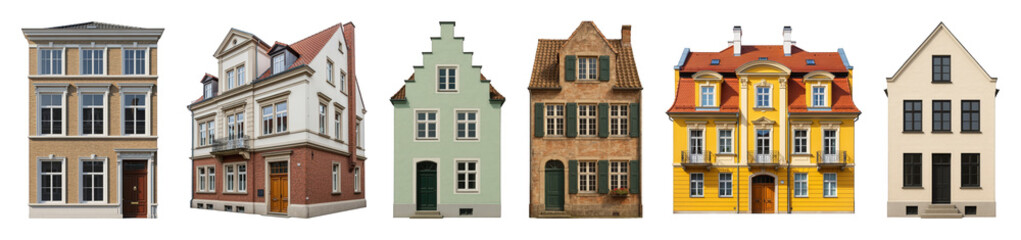 Fototapeta premium European townhouse set including diverse historical, classic, and colorful architectural styles isolated. Urban facades and city buildings collection.