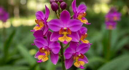 Fototapeta premium A vibrant cluster of Spathoglottis orchids showcasing intricate details and rich colors in full