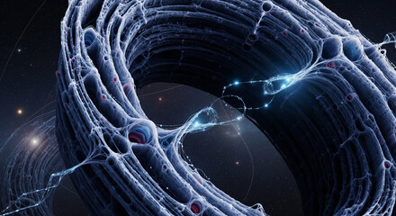 Futuristic digital art visualizing a complex organic neural network with glowing synaptic connections and data flow through a cosmic structure